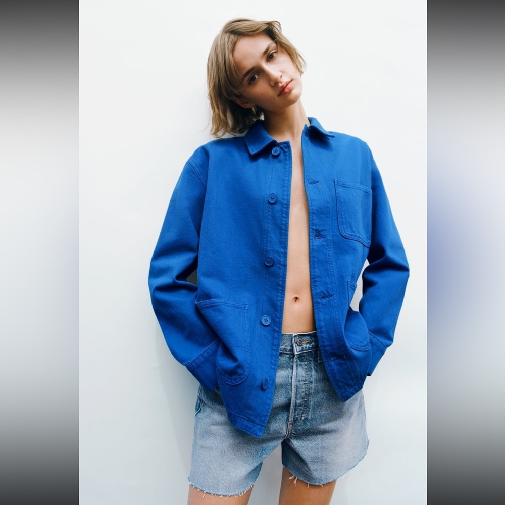 NWT ZARA Bright Blue Buttoned Women’s Chore Jacket Overshirt Size M